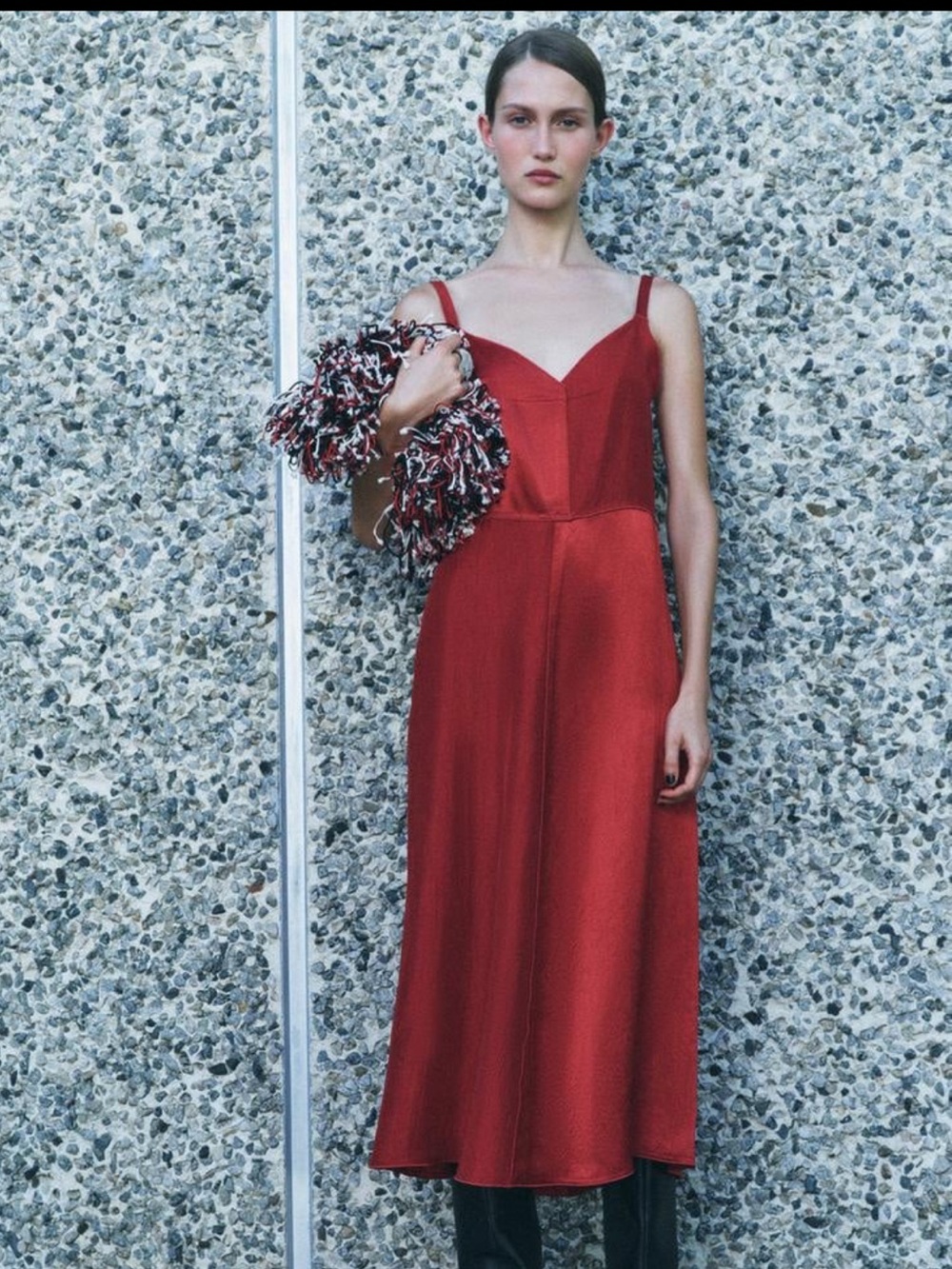 Zara Red Satin Slip Midi Dress with Spaghetti Straps